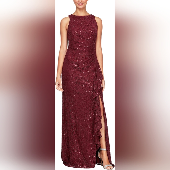 Alex Evenings Womens Long Sleeveless Cascade Ruffle Detail Dress with Front Slit - Picture 1 of 10